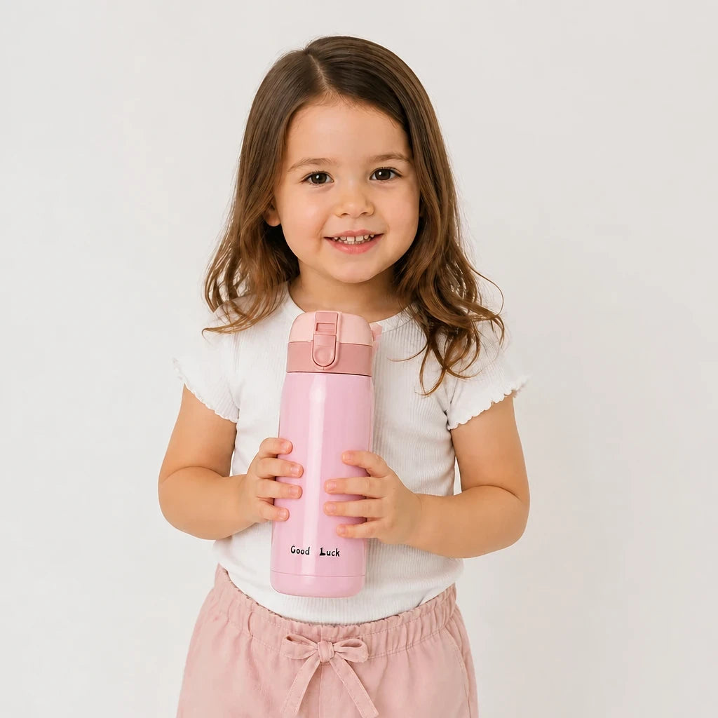 Copo térmico infantil inox rosa, seguro e prático para água e suco, combina com organizador de brinquedos