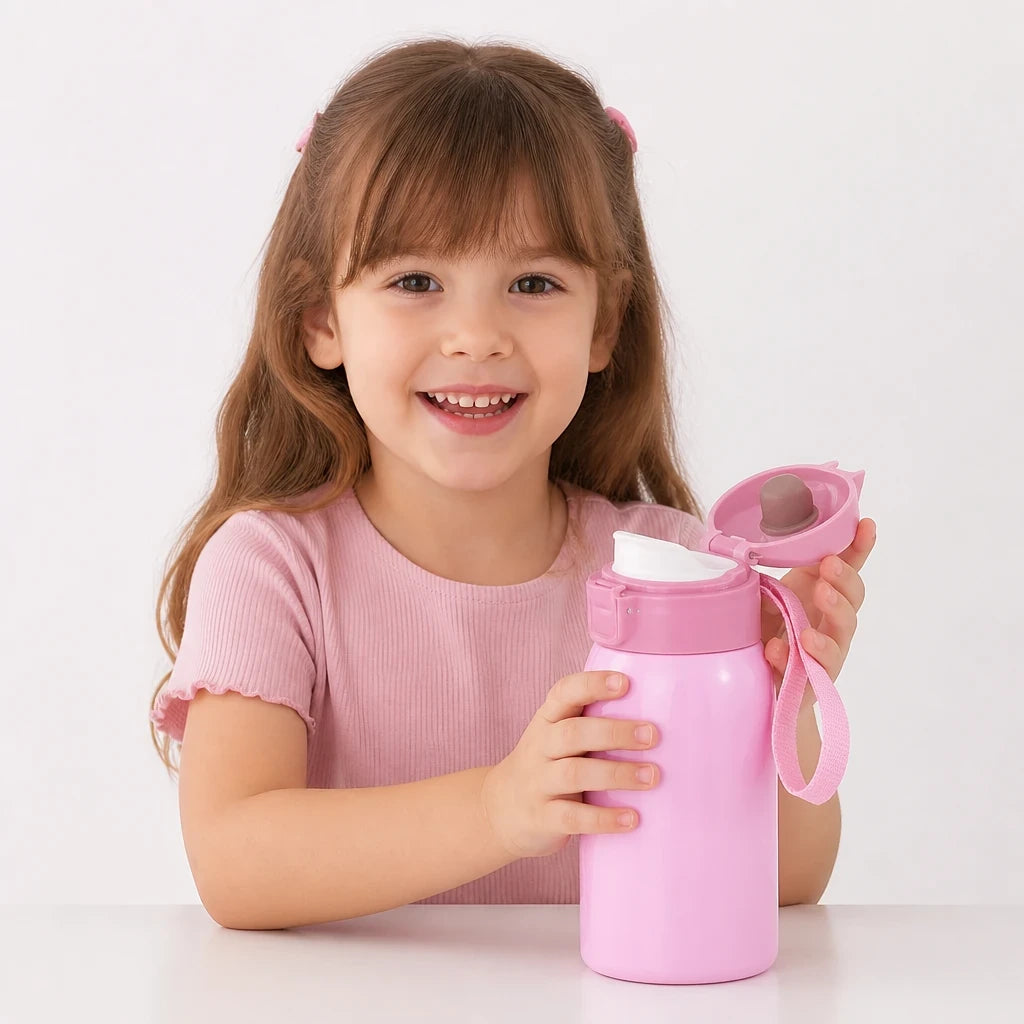 Menina com copo térmico infantil inox rosa, seguro e durável para lanche, combina com organizador de brinquedos