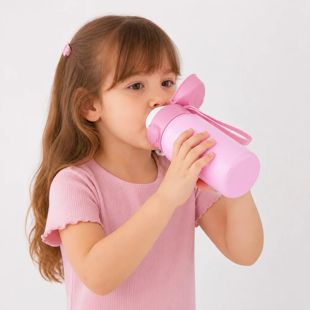 Copo térmico infantil inox rosa portátil seguro e durável estilo para passeio e fácil guarda no organizador de brinquedos