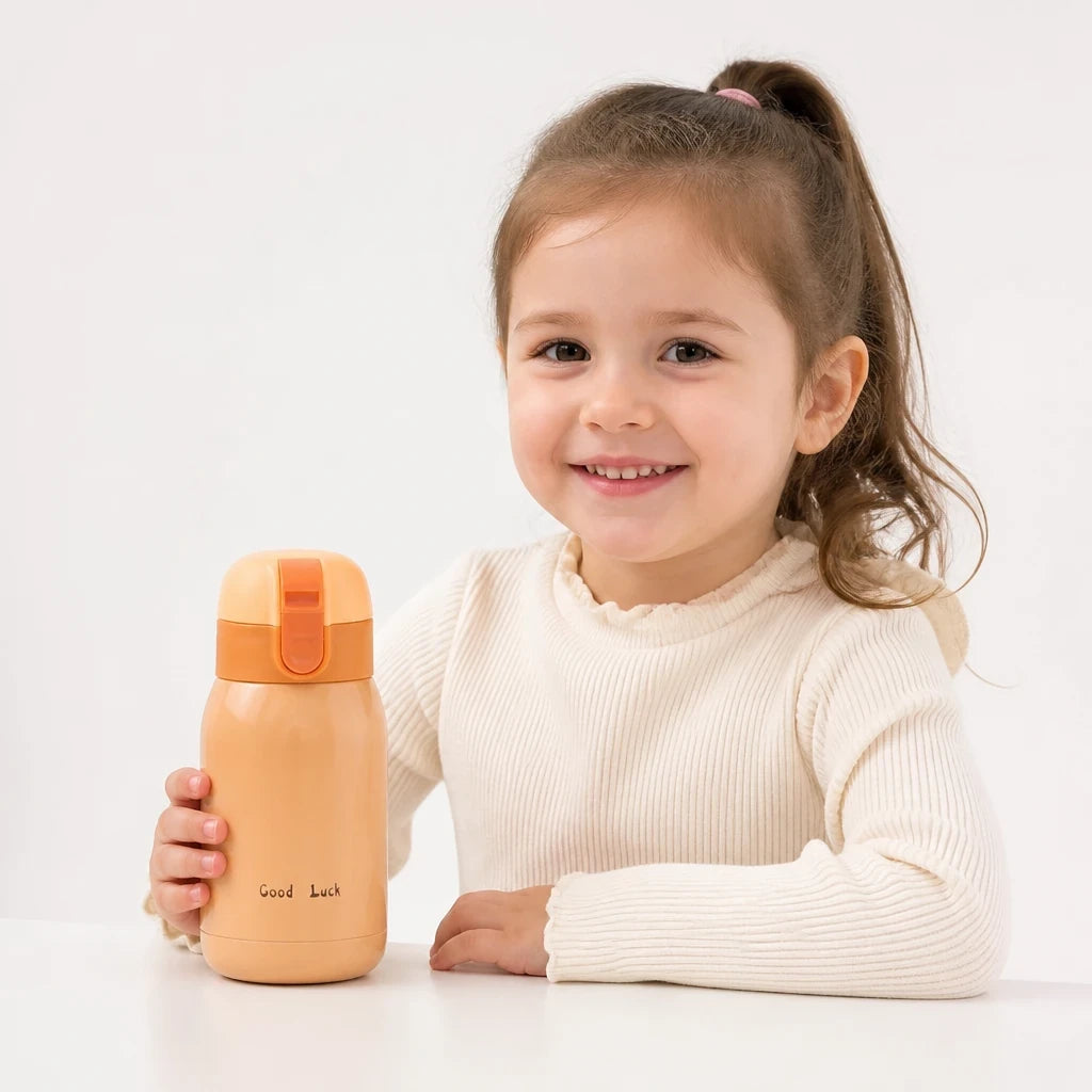 Menina com copo térmico inox laranja, seguro para água e suco, prático na bolsa ou organizador de brinquedos