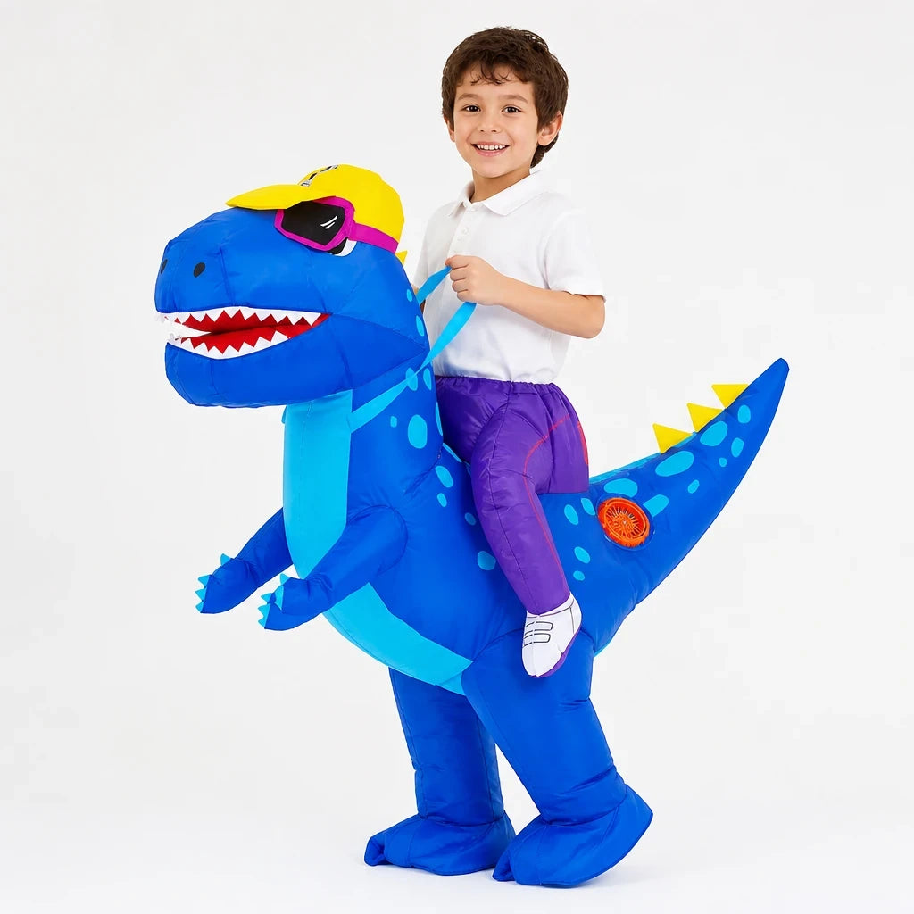 Fantasia dinossauro infantil inflável azul, confortável e segura para festas e Halloween