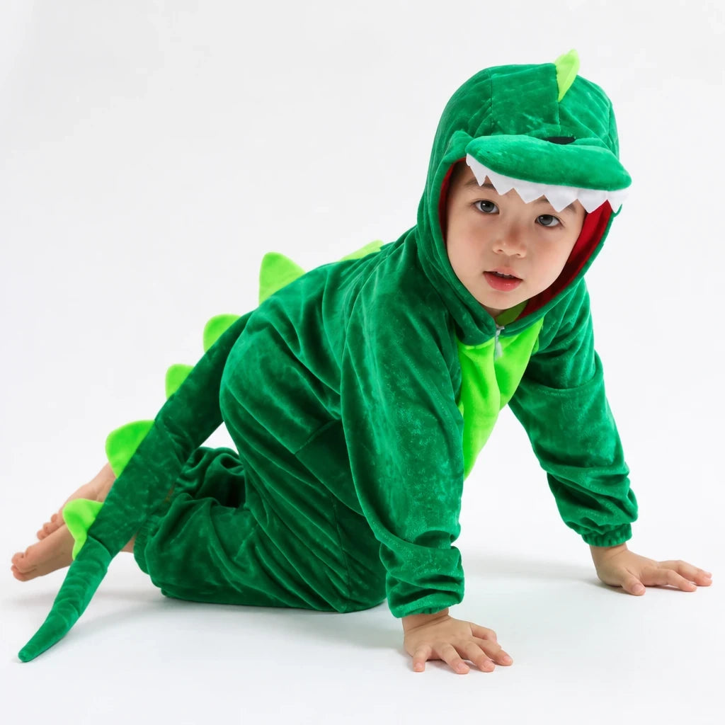 Fantasia dinossauro infantil em veludo, macacão quentinho, fácil de vestir, confortável e resistente para brincar