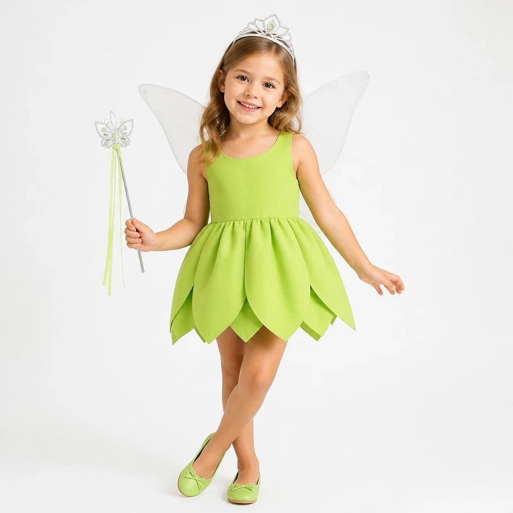 Fantasia fada verde com asas e vestido macio, confortável e resistente para crianças, ideal para Carnaval e Halloween