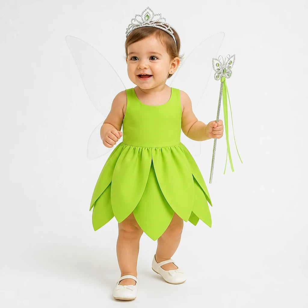 Fantasia fada infantil verde com asas e saia pétala, tecido macio, confortável e durável para crianças