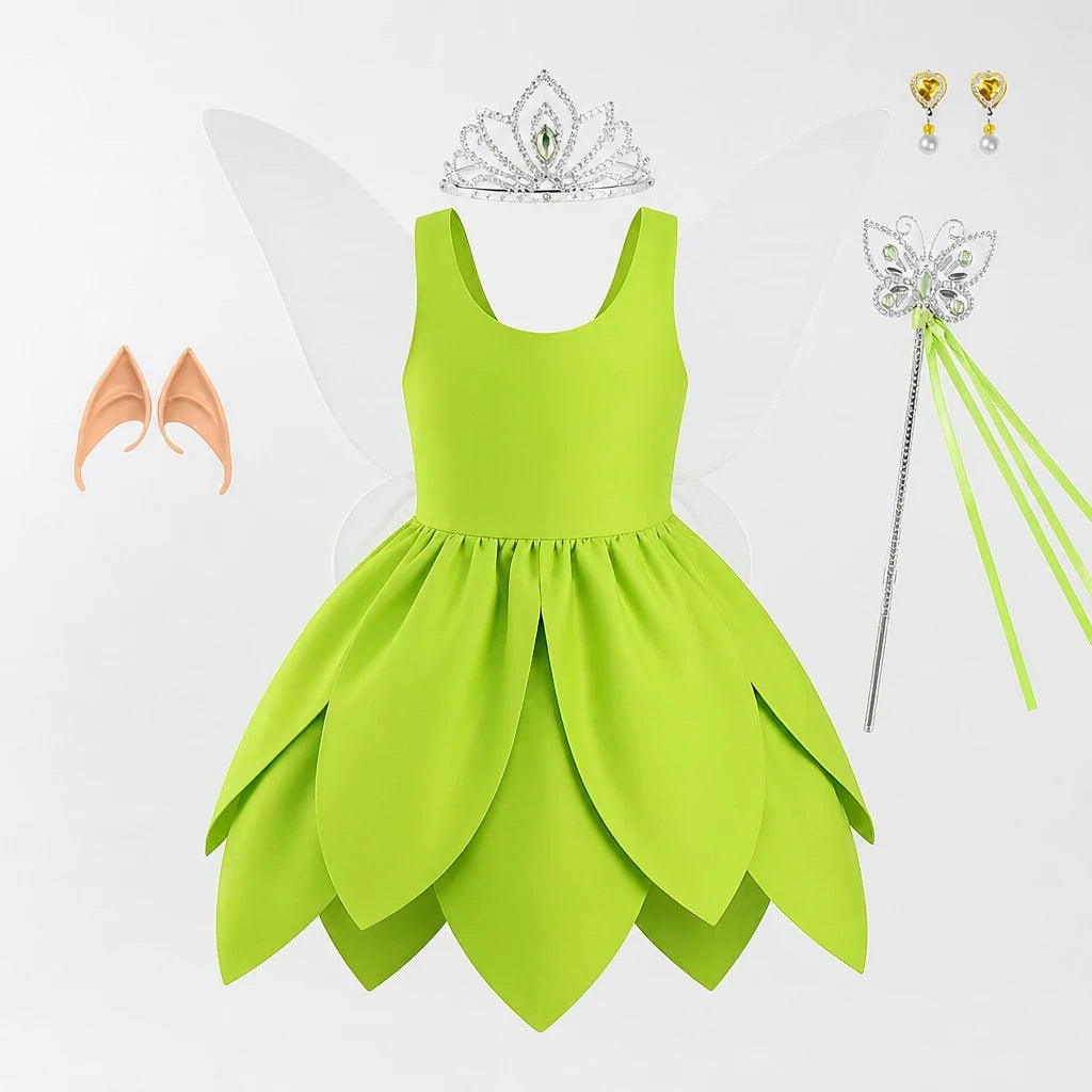 Fantasia fada infantil verde com asas, saia em camadas e tecido macio, confortável para Halloween e Carnaval