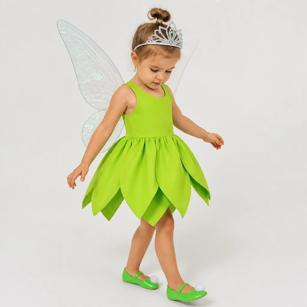 Fantasia fada infantil verde com asas e vestido macio, conforto e estilo para Halloween e Carnaval