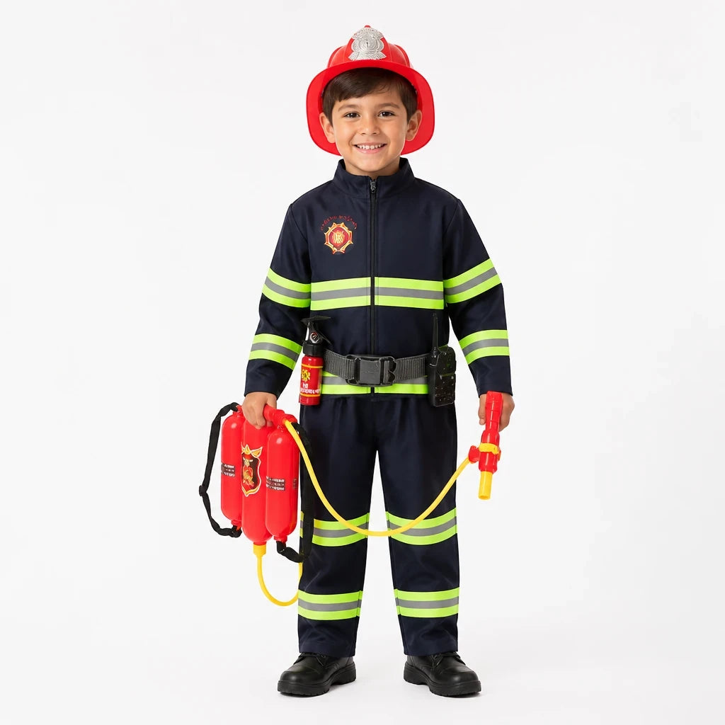 Fantasia infantil bombeiro confortável, segura e durável com acessórios ideal para Halloween e festas