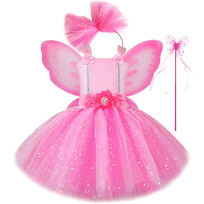 Fantasia infantil de fada rosa com asas e saia de tule brilhante forro macio conforto e segurança para festas
