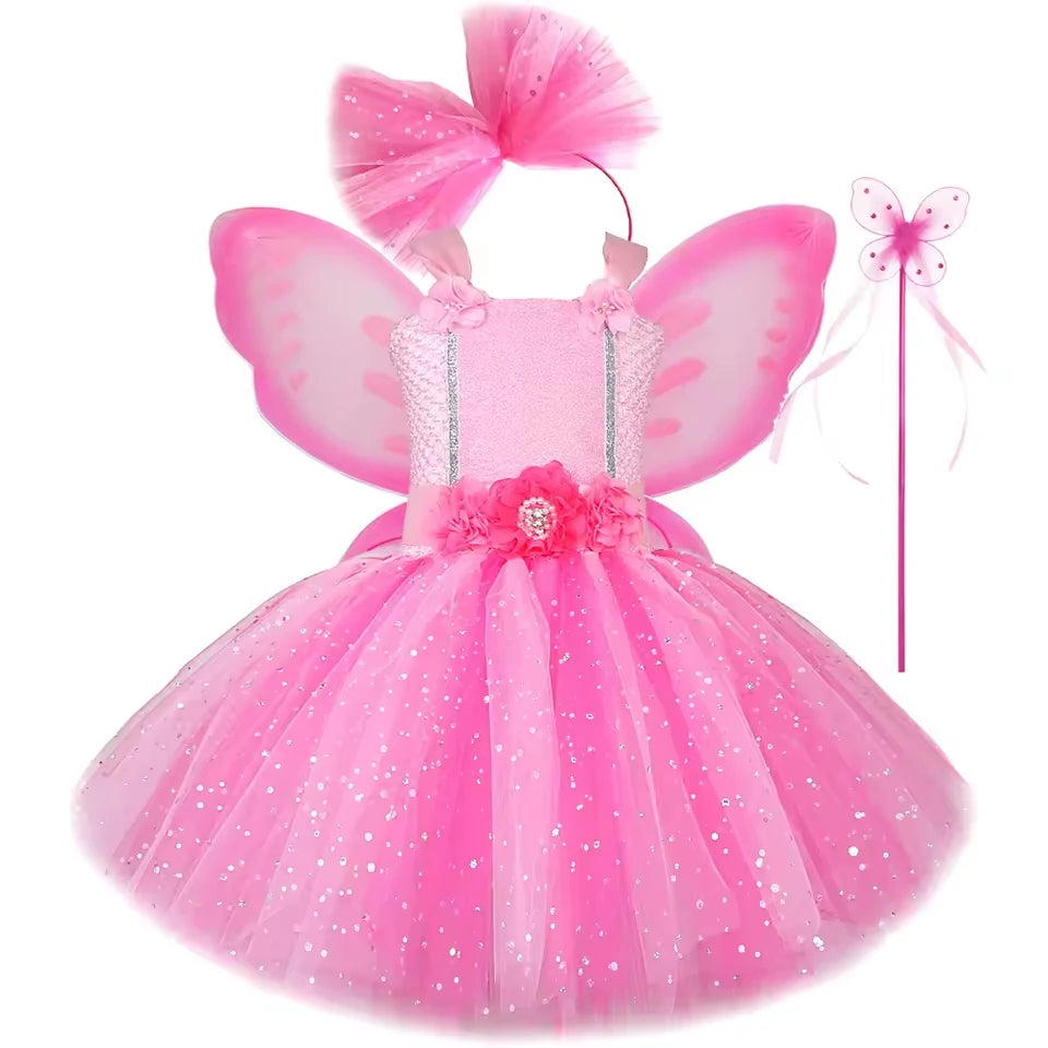 Fantasia infantil de fada rosa com asas e saia de tule brilhante forro macio conforto e segurança para festas
