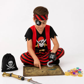 Fantasia pirata infantil confortável e prática com tapa-olho e gancho, segura para festas, ideal para pais e avós