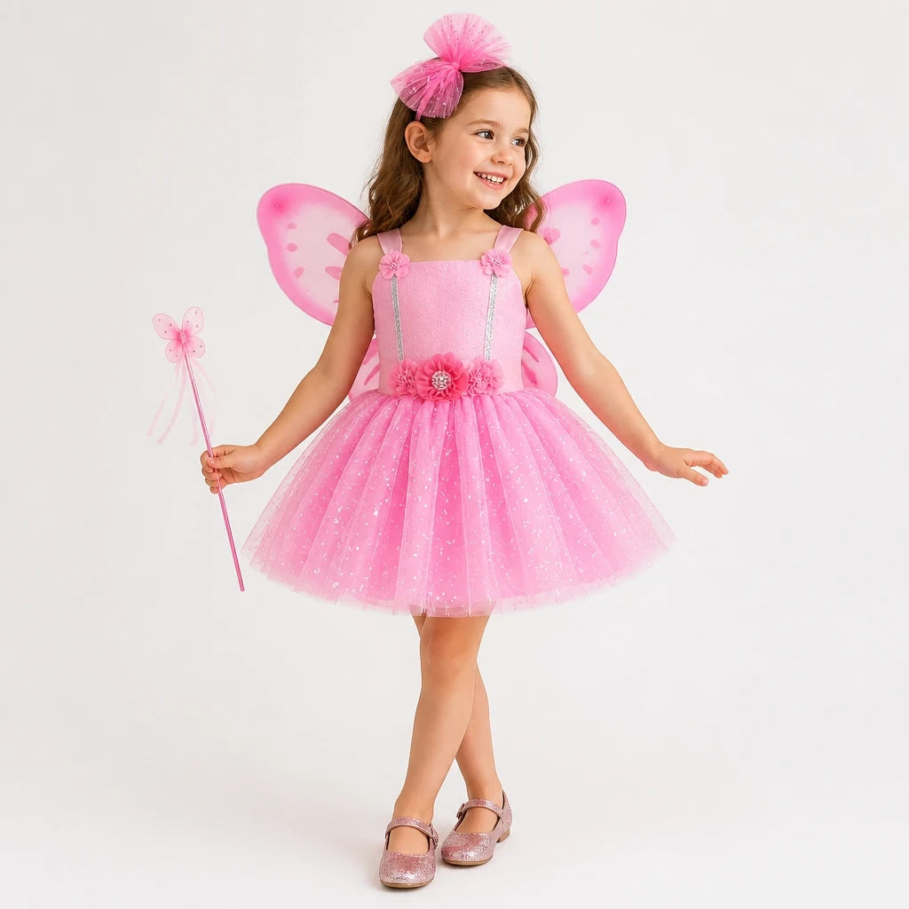 Fantasia infantil tutu fada rosa com asas brilhantes, conforto e durabilidade para festas infantis
