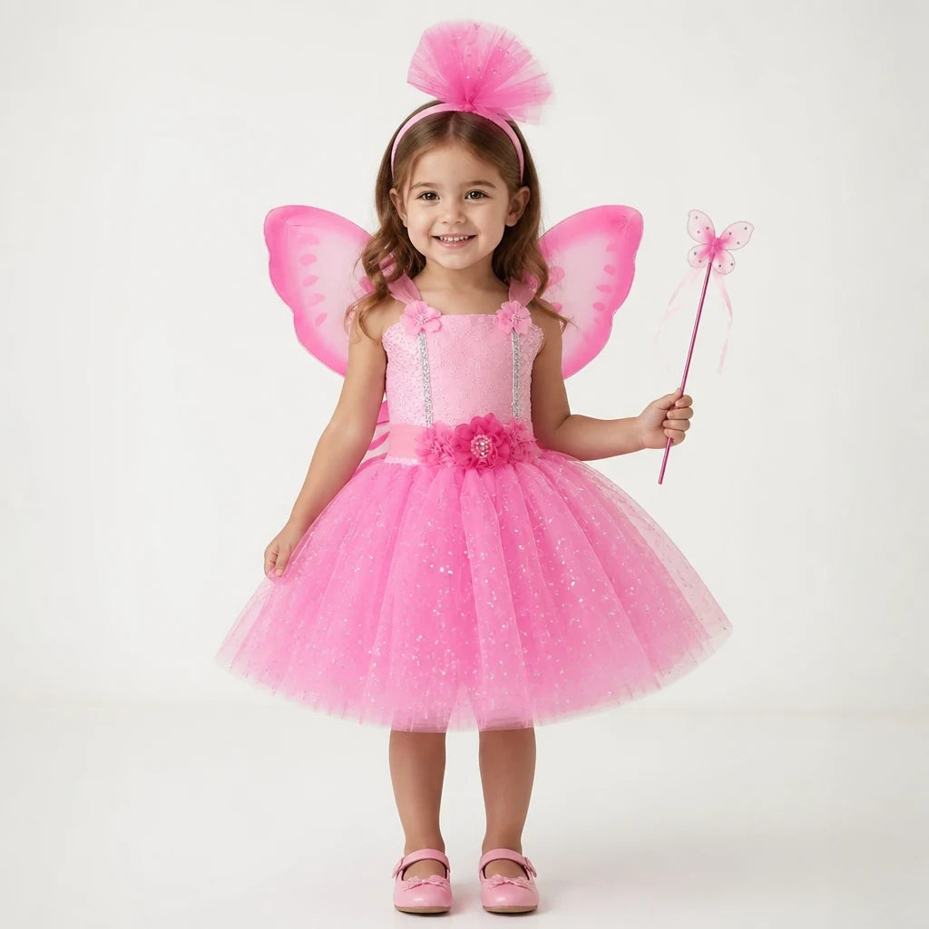 Fantasia infantil tutu fada rosa com asas brilhantes, confortável e durável para festas e aniversários