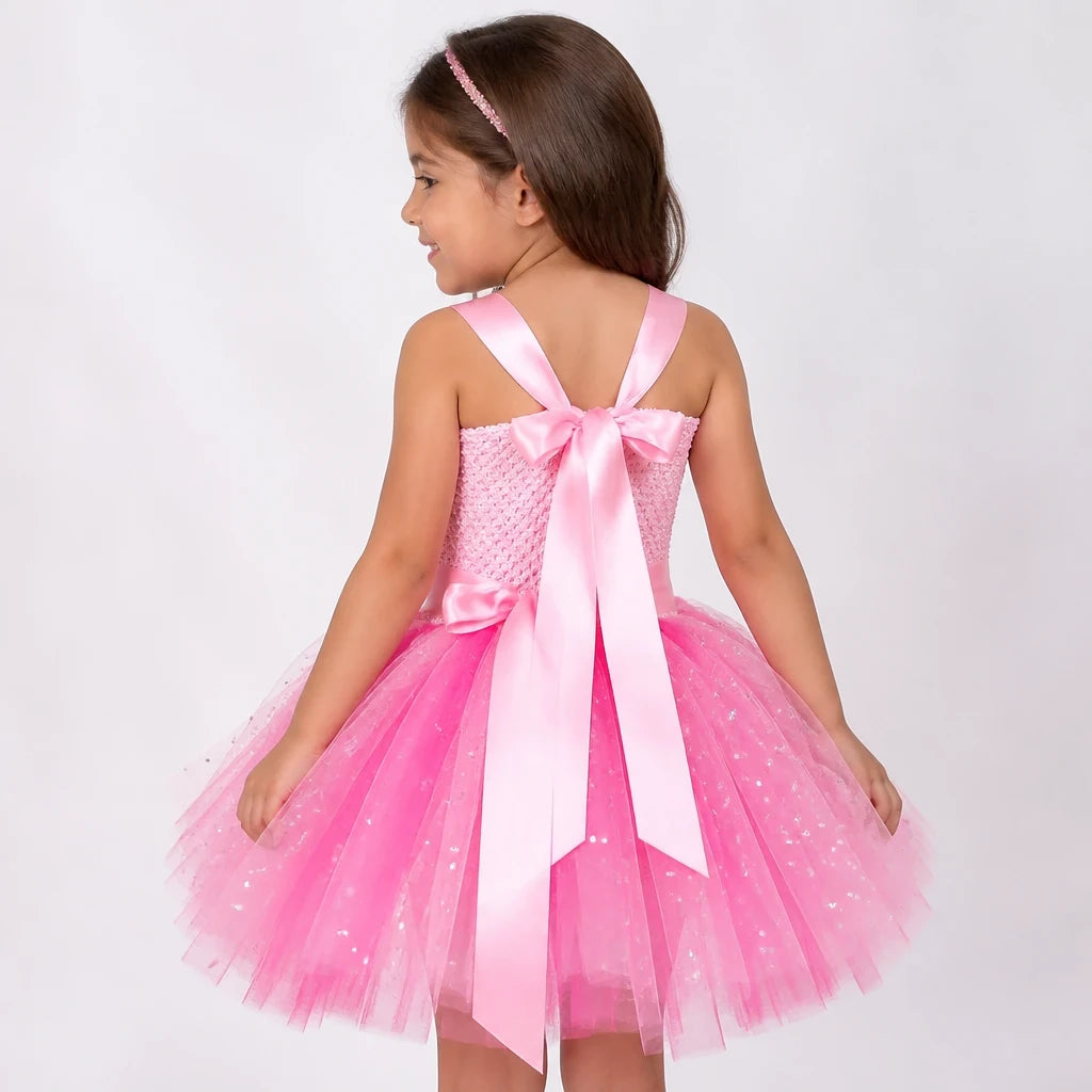 Fantasia infantil vestido tutu rosa com laço largo e tule brilhante, conforto ideal para festas e aniversários