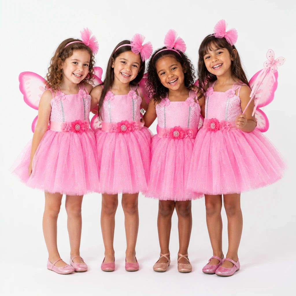 Fantasia infantil tutu fada rosa com asas brilhantes, conforto mágico e estilo para festas e aniversários