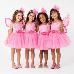 Fantasia infantil tutu fada rosa com asas brilhantes, conforto mágico e estilo para festas e aniversários