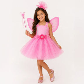 Fantasia infantil fada rosa com tutu brilhante, asas e conforto ideal para festas infantis