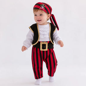 Fantasia pirata infantil macacão em algodão com elastano macio, conforto e segurança para pequenas aventuras