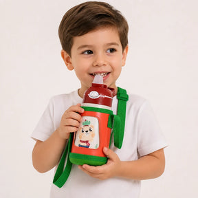 Garrafa térmica infantil 400ml aço inox com canudo e capa com alça segura e prática para escola e organizador de brinquedos