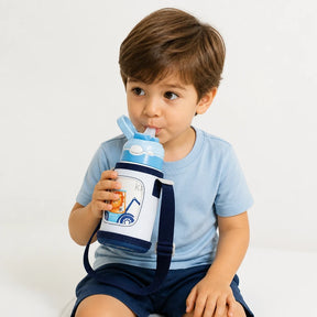 Garrafa térmica infantil 400ml aço 316 com canudo e pato fofo, prática e segura para mochila e organizador de brinquedos