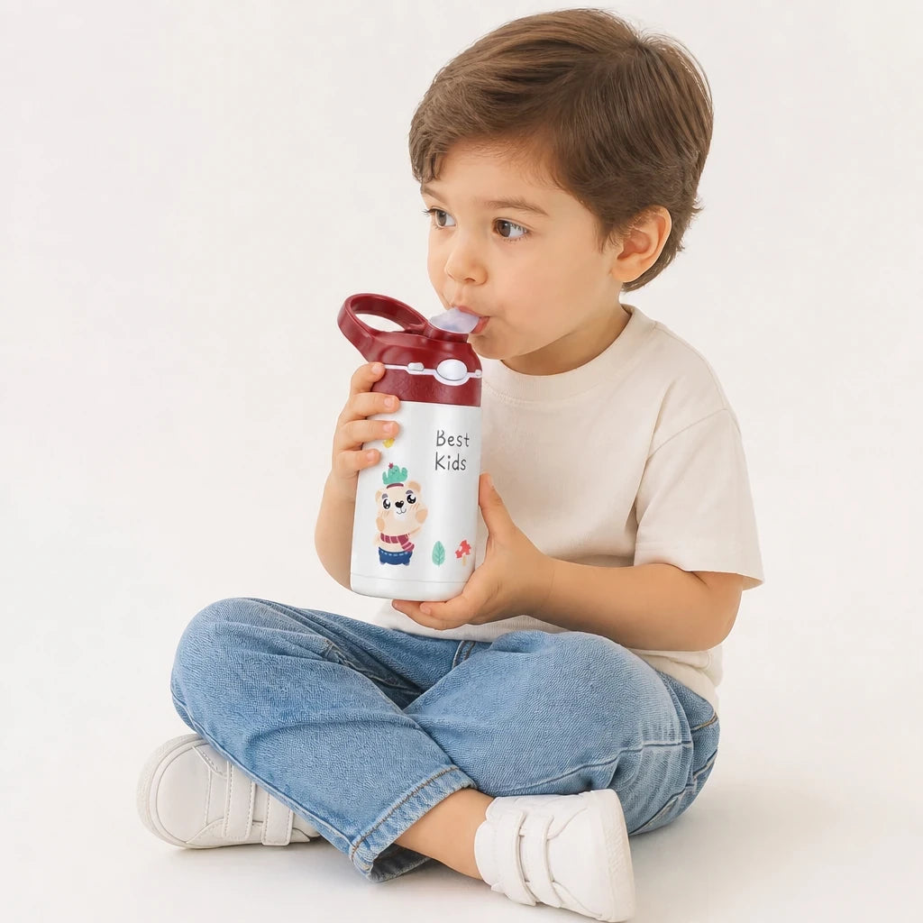 Garrafa térmica infantil 400ml inox com canudo pato fofo, segura e prática para lanche, cabe em organizador de brinquedos