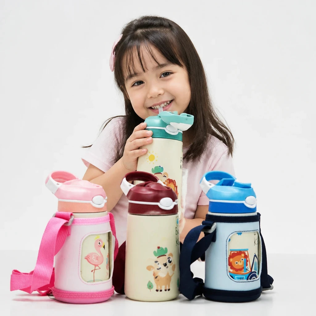 Garrafa térmica infantil 400ml inox 316 com canudo pato fofo, segura e prática, combina com organizador de brinquedos