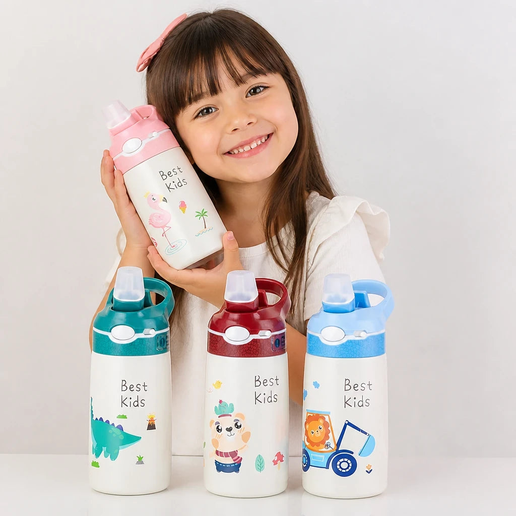 Garrafa térmica infantil 400ml inox, segura, durável e estilosa para lanche e como organizador de brinquedos