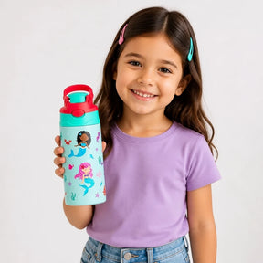 Garrafa térmica infantil aço com sereia, segura e estilosa para escola, combine com ursinho de pelúcia
