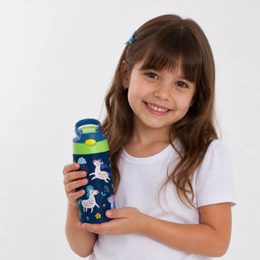 Garrafa térmica infantil em aço inox com desenho e ursinho de pelúcia, segura, prática e estilosa para crianças