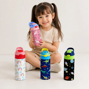 Garrafa térmica infantil inox com estampa divertida, segura e durável para crianças e ursinho de pelúcia