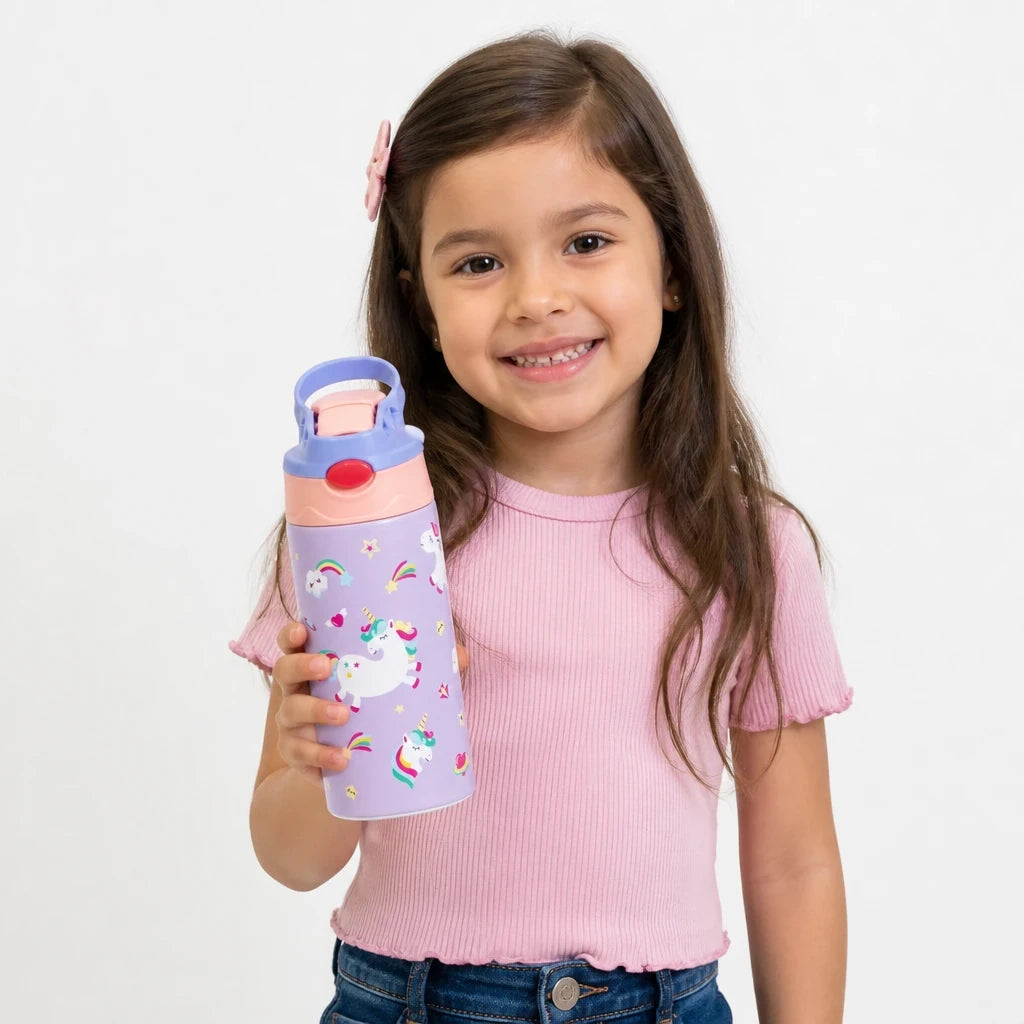 Garrafa térmica infantil aço inox com desenho divertido, segura e estilosa para hidratar sua criança com ursinho de pelúcia