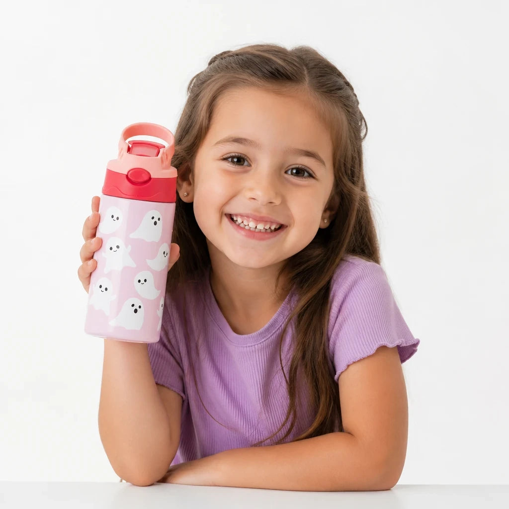 Garrafa térmica infantil em aço inox rosa com estampa de fantasmas, segura e charmosa para brincar com ursinho de pelúcia