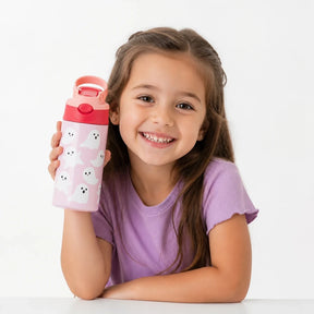 Garrafa térmica infantil em aço inox rosa com estampa de fantasmas, segura e charmosa para brincar com ursinho de pelúcia