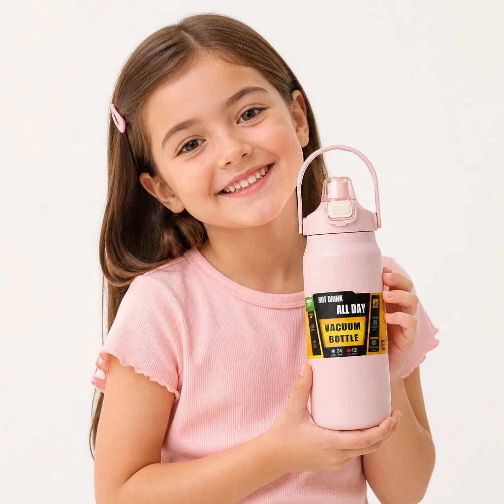 Garrafa térmica infantil rosa com canudo inox, prática e segura para a rotina da criança, combina com mochila infantil