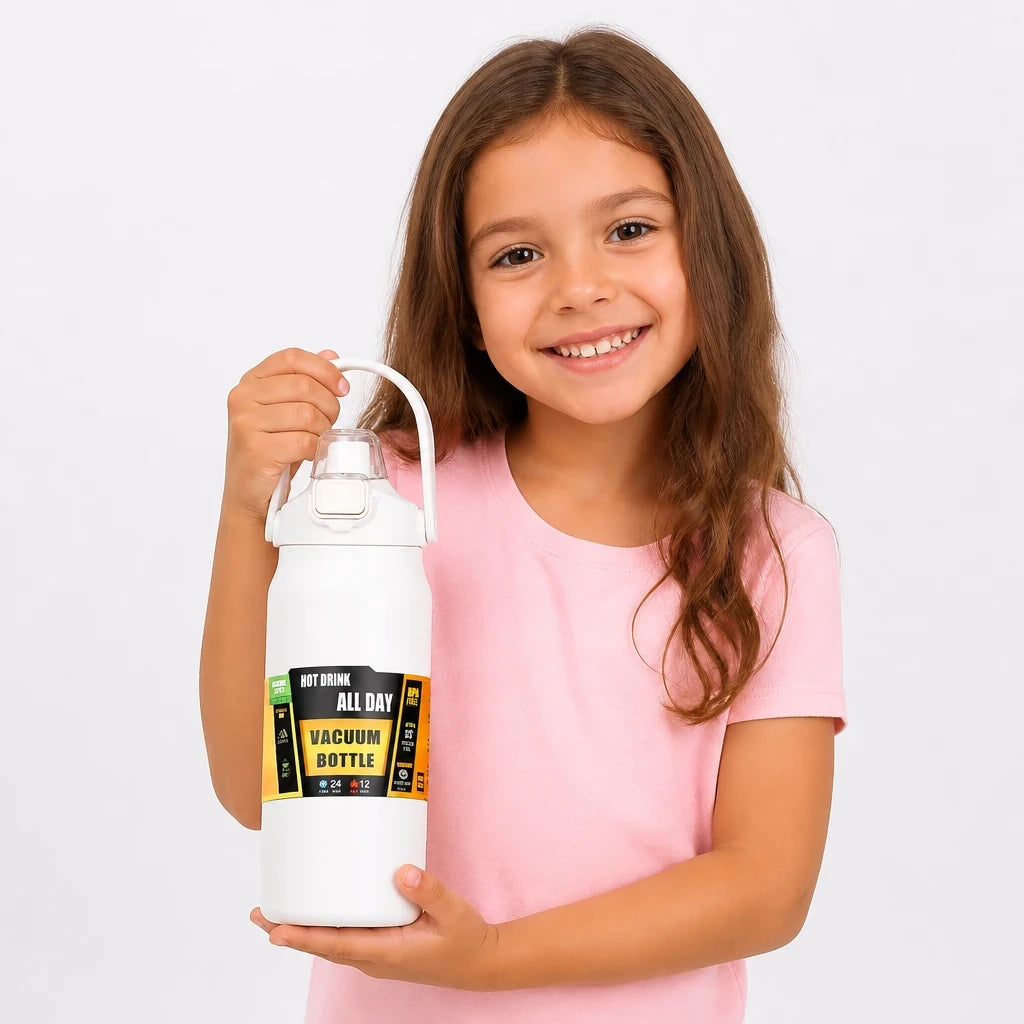 Garrafa térmica infantil com canudo em aço inox, prática e segura, ideal para levar na mochila infantil