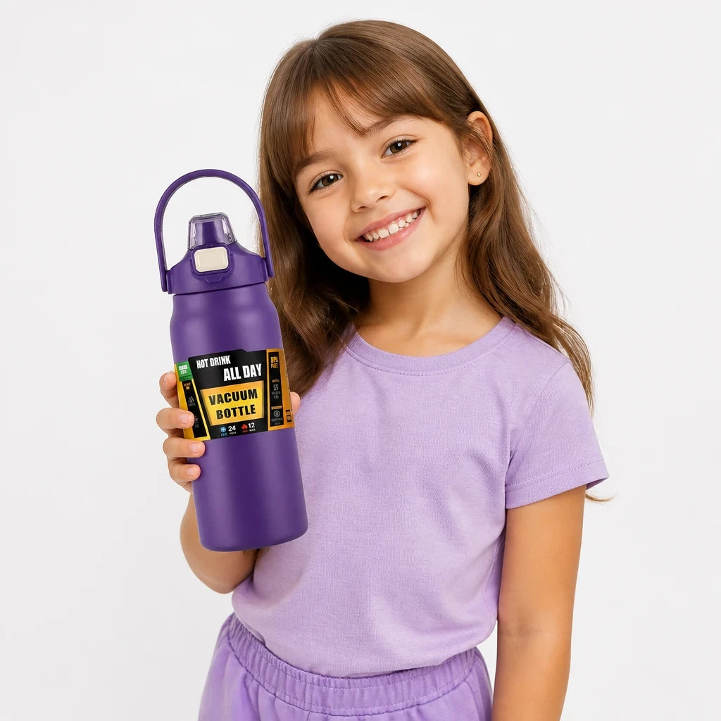 Garrafa térmica infantil com canudo em aço inox, prática e segura para o dia a dia, ideal para mochila infantil