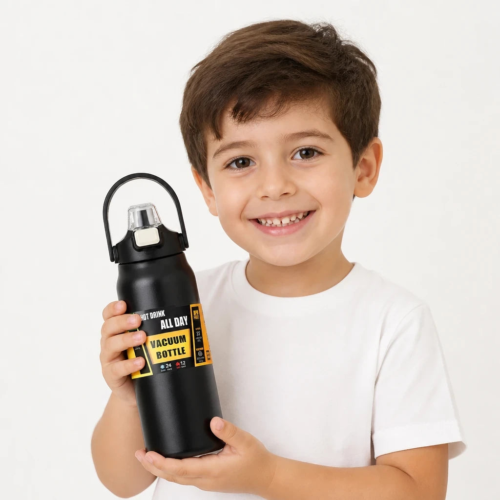 Garrafa térmica infantil com canudo em aço inox, segura e prática para a mochila infantil e rotina da criança