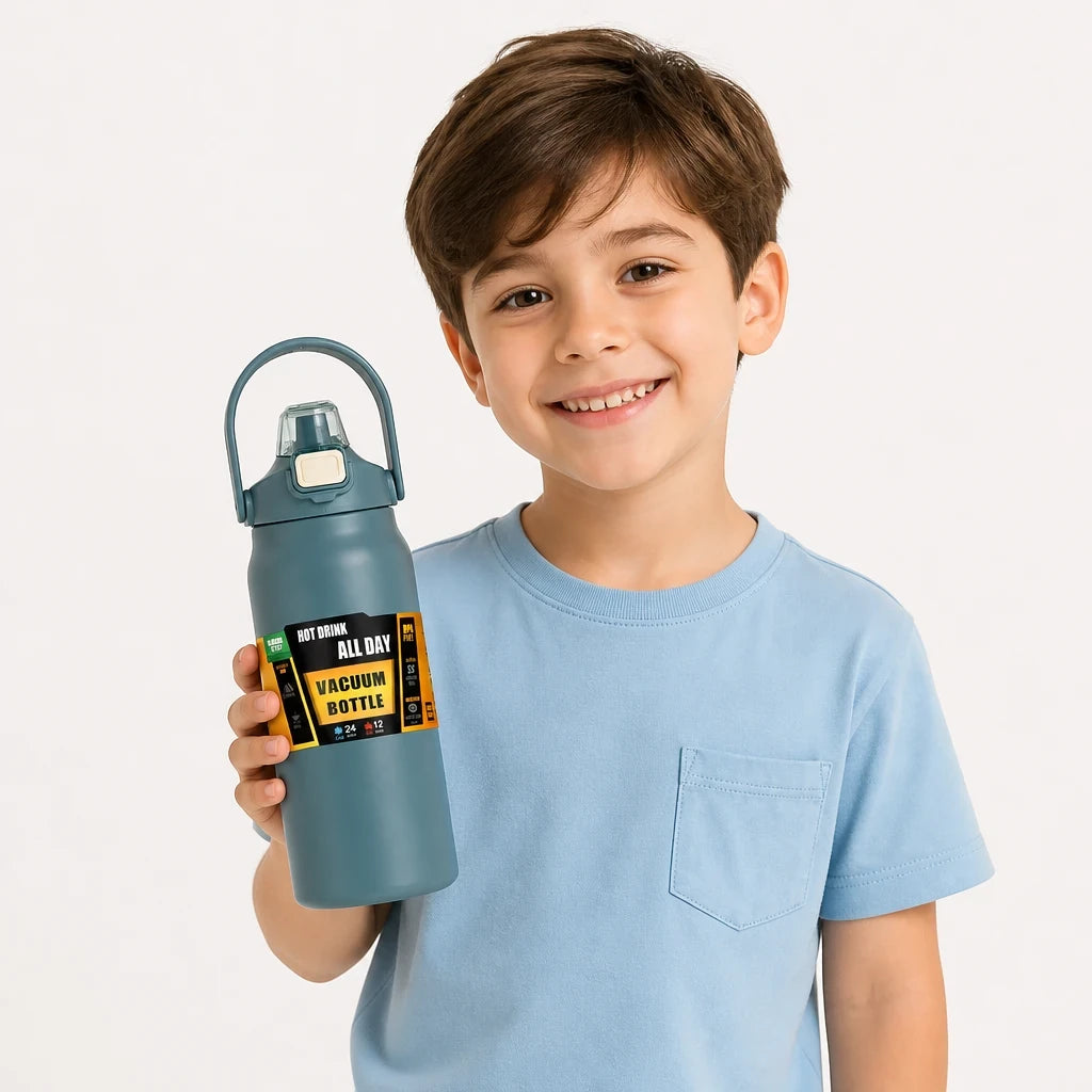 Garrafa térmica infantil com canudo em inox, prática e segura para a rotina e na mochila infantil