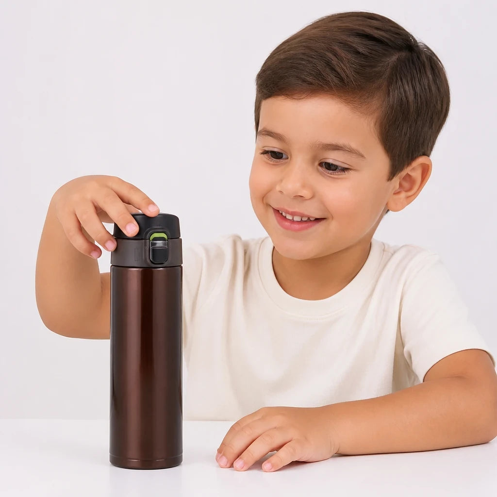 Garrafa térmica infantil inox antivazamento para escola, prática e segura para o dia a dia