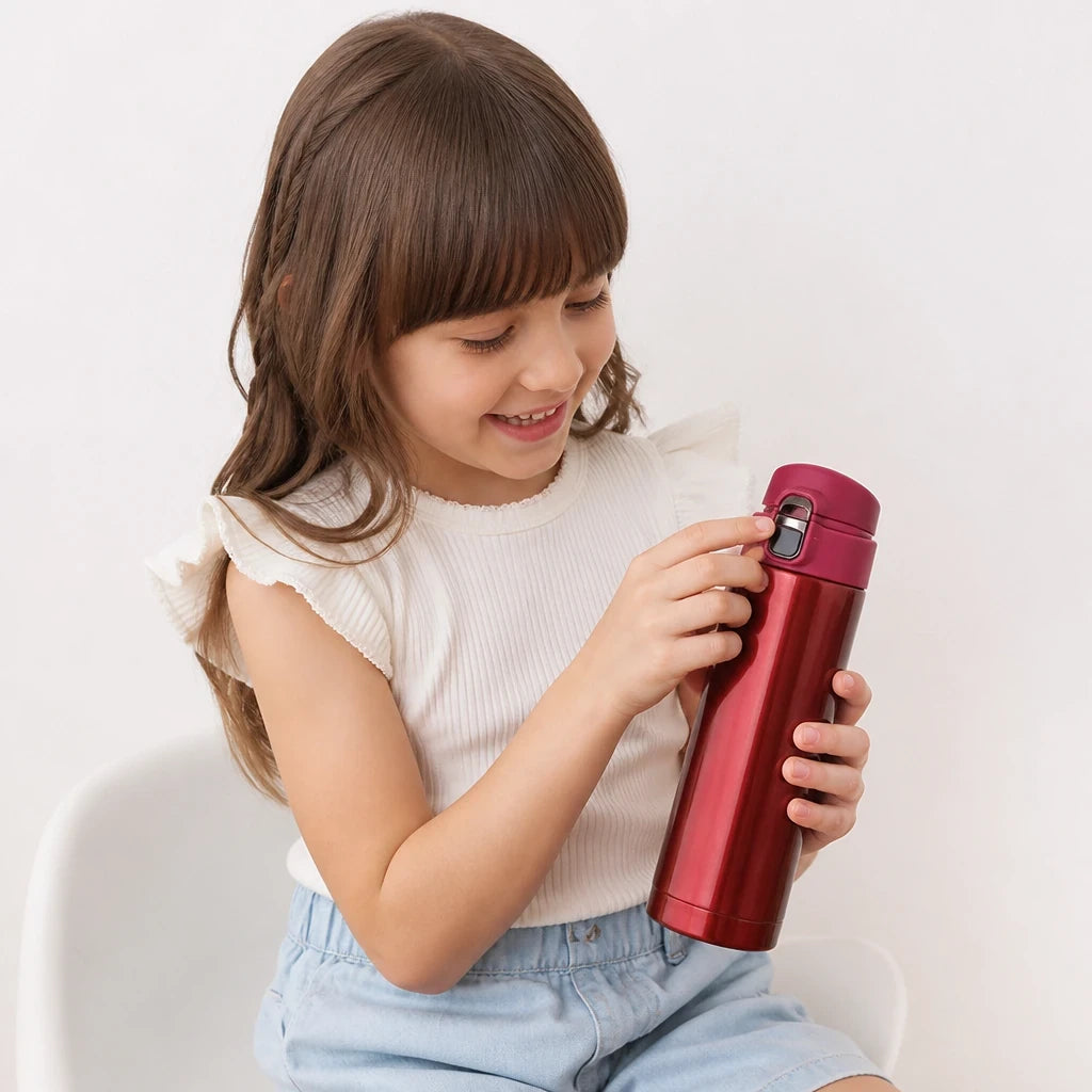 Garrafa térmica infantil inox antivazamento vermelha prática e segura para escola, ideal para mães, pais e avós