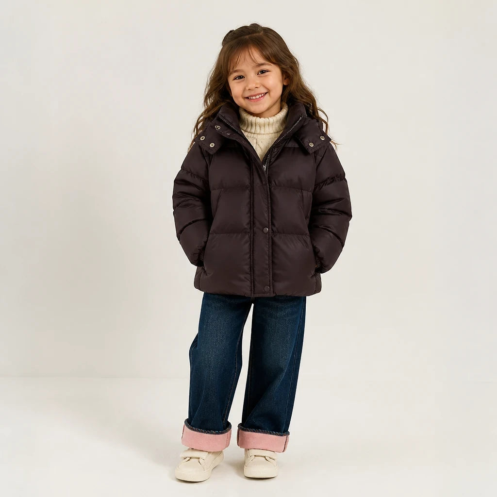 Jaqueta acolchoada com capuz para menina, quentinha e prática, ótima alternativa ao conjunto de moletom infantil para pais