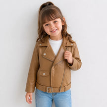 Jaqueta infantil couro sintético macio com zíper prático, estilo e conforto, combina com conjunto de moletom infantil