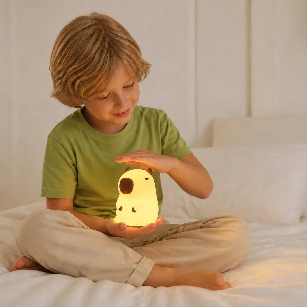 Luminária infantil capivara em silicone macio, luz noturna aconchegante para conforto e segurança ao dormir
