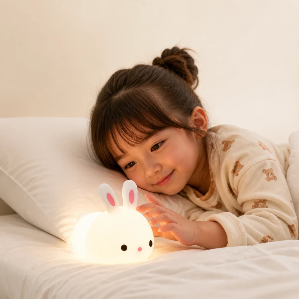 Luminária infantil coelho de silicone macio recarregável USB, luz suave para noites seguras e aconchegantes