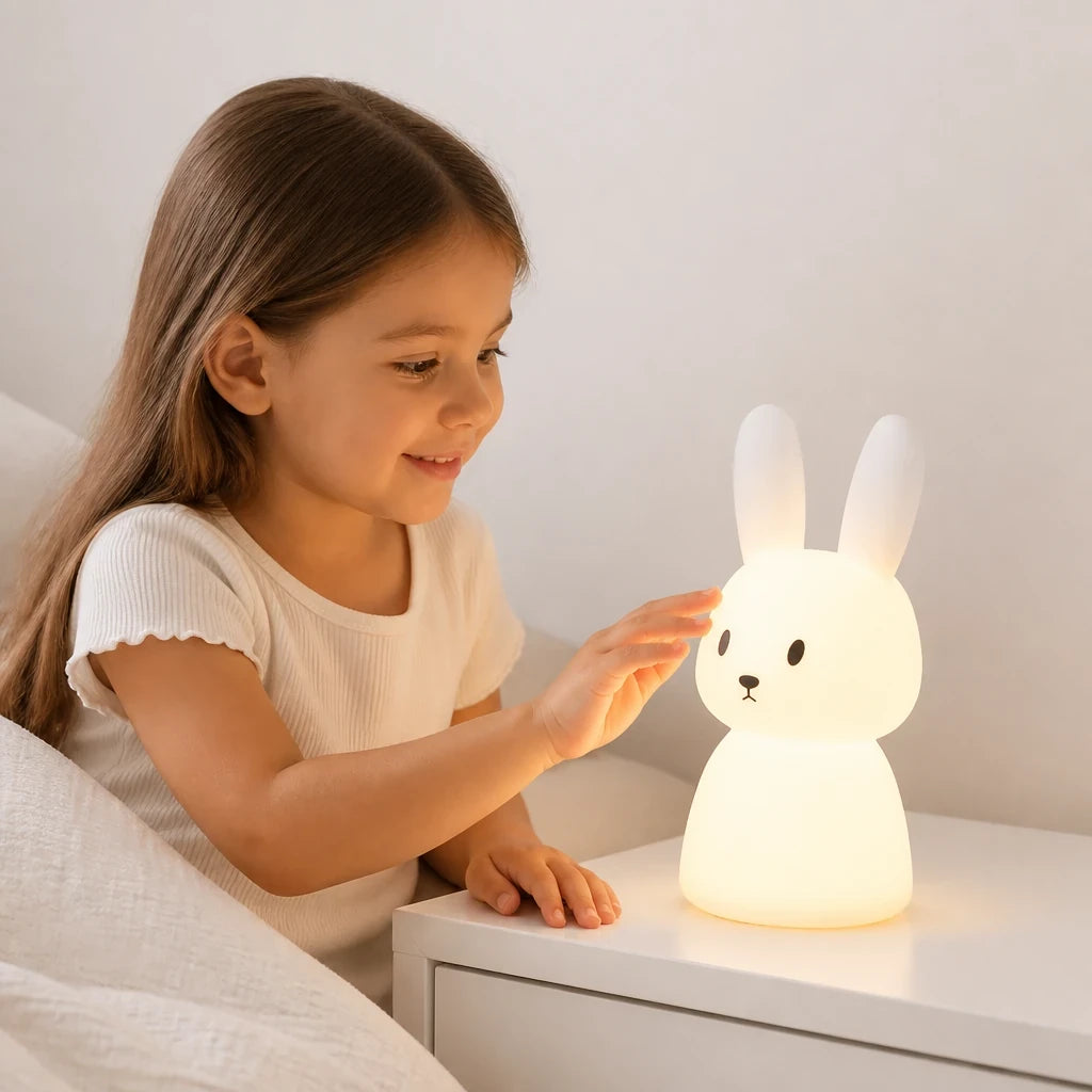 Luminaria infantil coelho em silicone macio com sensor de toque para sono tranquilo e segurança noturna