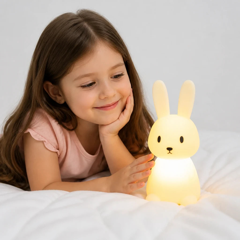 Luminaria infantil coelho em silicone com sensor de toque, macia e segura para um sono tranquilo