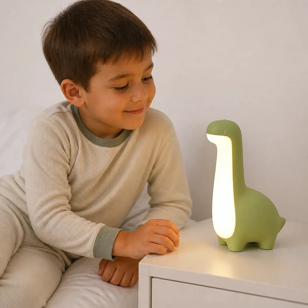 Luminária infantil dinossauro com luz suave e proteção ocular para sono tranquilo e quarto aconchegante