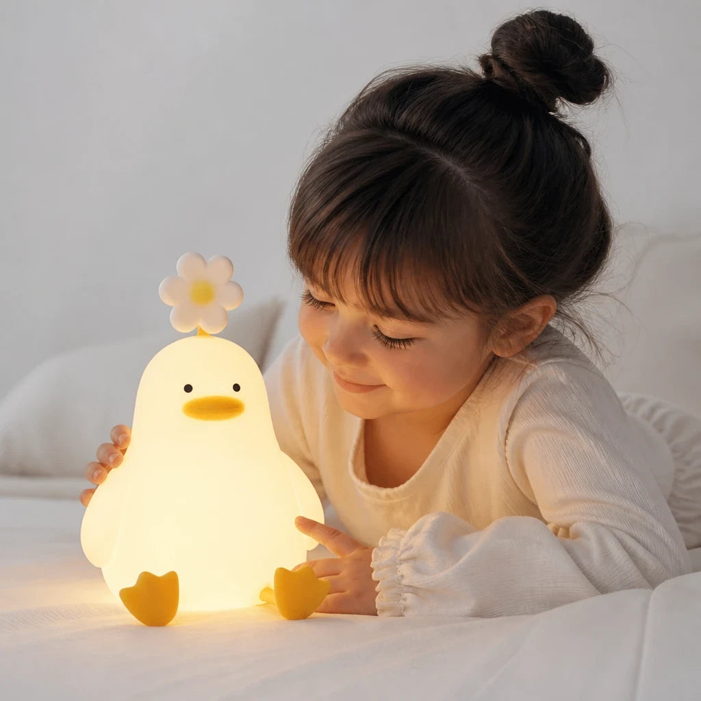 Luminária infantil pato de silicone macio, luz cálida para noites seguras e aconchegantes no quarto da criança