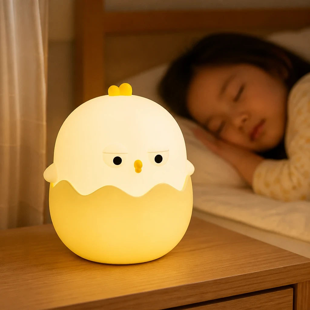 Luminária infantil LED em formato de frango casca de ovo recarregável com toque ajustável para sono seguro e aconchegante