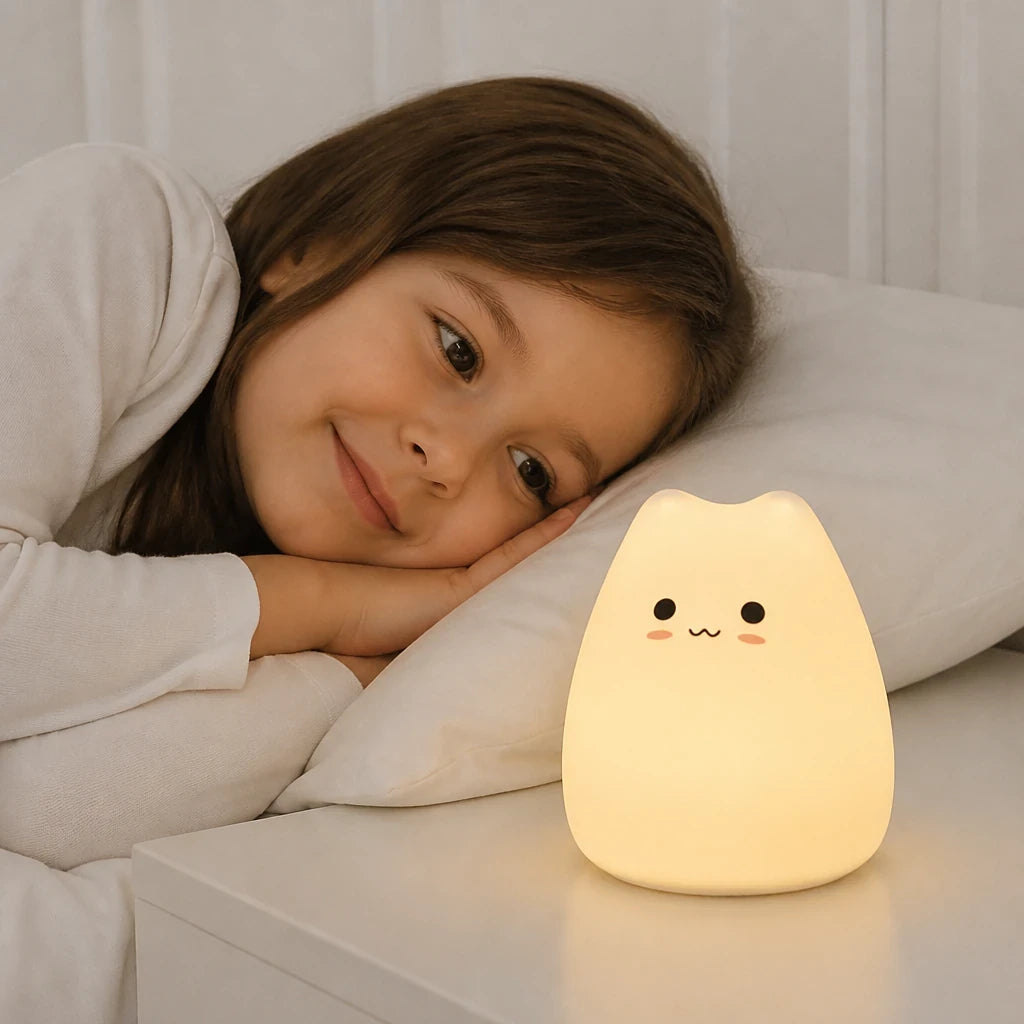 Luminária infantil gato fofinho com toque e mudança de cor, luz acolhedora para sono seguro e confortável
