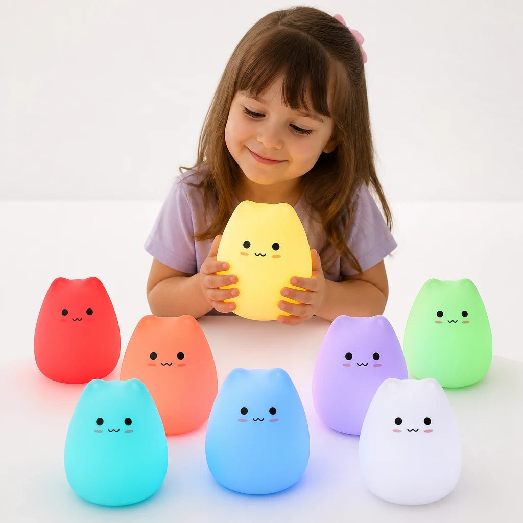 Luminária infantil gato com toque e mudança de cor, segura e aconchegante para a hora de dormir